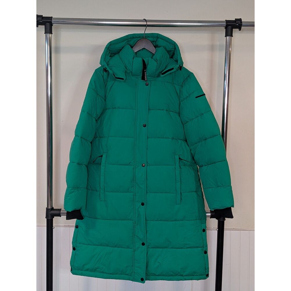 BCBG Generation Women’s Large Green Long Puffer Coat Hooded Eco Fill